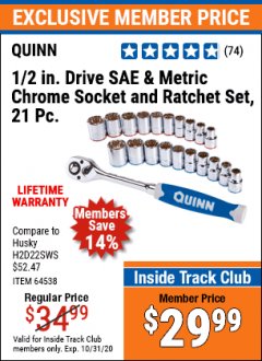 Harbor Freight ITC Coupon 21 PIECE, 1/2" DRIVE SAE AND METRIC HIGH VISIBILITY CHROME SOCKET AND RATCHET SET Lot No. 64538 Expired: 10/31/20 - $29.99
