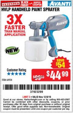 Harbor Freight Coupon AVANTI HVLP HAND HELD PAINT SPRAYER Lot No. 64934 Expired: 12/8/19 - $44.99