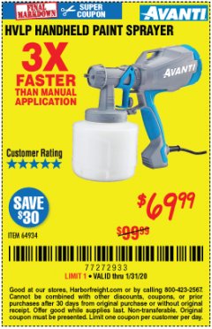 Harbor Freight Coupon AVANTI HVLP HAND HELD PAINT SPRAYER Lot No. 64934 Expired: 1/31/20 - $69.99