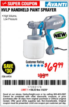 Harbor Freight Coupon AVANTI HVLP HAND HELD PAINT SPRAYER Lot No. 64934 Expired: 1/6/20 - $69.99