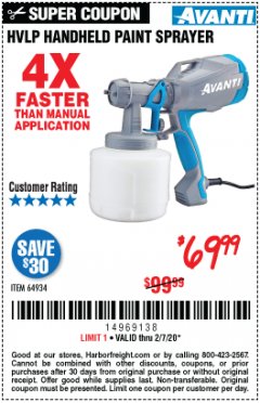Harbor Freight Coupon AVANTI HVLP HAND HELD PAINT SPRAYER Lot No. 64934 Expired: 2/7/20 - $69.99