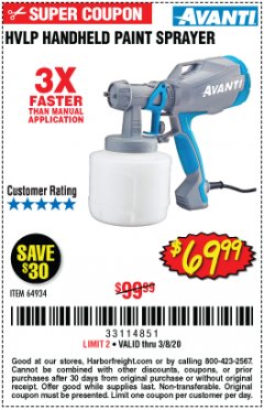 Harbor Freight Coupon AVANTI HVLP HAND HELD PAINT SPRAYER Lot No. 64934 Expired: 2/8/20 - $69.99