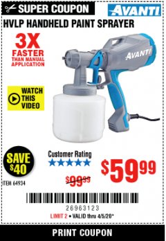 Harbor Freight Coupon AVANTI HVLP HAND HELD PAINT SPRAYER Lot No. 64934 Expired: 6/30/20 - $59.99