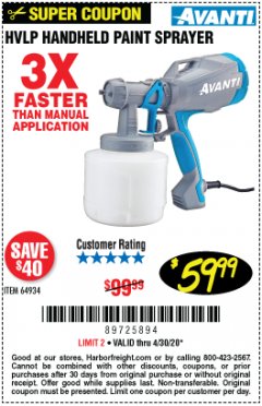 Harbor Freight Coupon AVANTI HVLP HAND HELD PAINT SPRAYER Lot No. 64934 Expired: 6/30/20 - $59.99