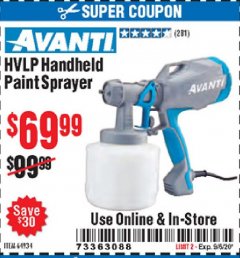 Harbor Freight Coupon AVANTI HVLP HAND HELD PAINT SPRAYER Lot No. 64934 Expired: 9/6/20 - $69.99