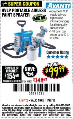 Harbor Freight Coupon AVANTI PVLP PORTABLE AIRLESS PAINT SPRAYER Lot No. 64933 Expired: 11/30/19 - $99.99