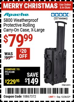 Harbor Freight Coupon APACHE 5800 ROLLER CARRY ON CASE Lot No. 64819 Expired: 12/26/21 - $79.99