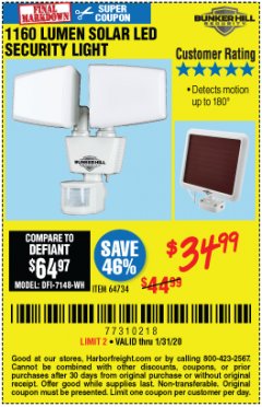 Harbor Freight Coupon 1160 LUMENS SOLAR LED SECURITY LIGHT  Lot No. 64734 Expired: 1/31/20 - $34.99