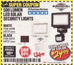 Harbor Freight Coupon 500 LUMENS LED SOLAR SECURITY LIGHT Lot No. 56408/64759/56213/64737 Expired: 11/30/19 - $24.99