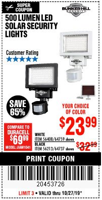 Harbor Freight Coupon 500 LUMENS LED SOLAR SECURITY LIGHT Lot No. 56408/64759/56213/64737 Expired: 10/27/19 - $23.99