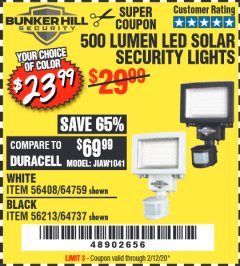 Harbor Freight Coupon 500 LUMENS LED SOLAR SECURITY LIGHT Lot No. 56408/64759/56213/64737 Expired: 2/12/20 - $23.99