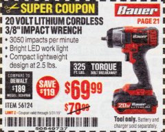 Harbor Freight Coupon BAUER 20 VOLT LITHIUM CORDLESS, 3/8" IMPACT WRENCH Lot No. 56124 Expired: 5/31/19 - $69.99