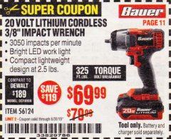 Harbor Freight Coupon BAUER 20 VOLT LITHIUM CORDLESS, 3/8" IMPACT WRENCH Lot No. 56124 Expired: 6/30/19 - $69.99