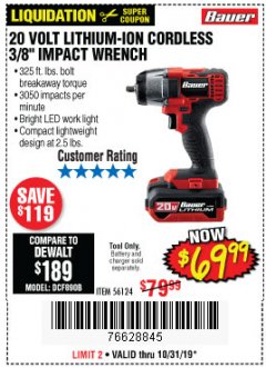 Harbor Freight Coupon BAUER 20 VOLT LITHIUM CORDLESS, 3/8" IMPACT WRENCH Lot No. 56124 Expired: 10/31/19 - $69.99