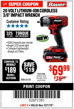 Harbor Freight Coupon BAUER 20 VOLT LITHIUM CORDLESS, 3/8" IMPACT WRENCH Lot No. 56124 Expired: 12/1/19 - $69.99