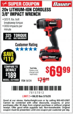 Harbor Freight Coupon BAUER 20 VOLT LITHIUM CORDLESS, 3/8" IMPACT WRENCH Lot No. 56124 Expired: 3/15/20 - $69.99