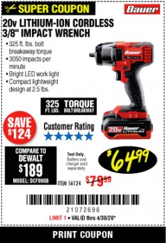 Harbor Freight Coupon BAUER 20 VOLT LITHIUM CORDLESS, 3/8" IMPACT WRENCH Lot No. 56124 Expired: 6/30/20 - $64.99