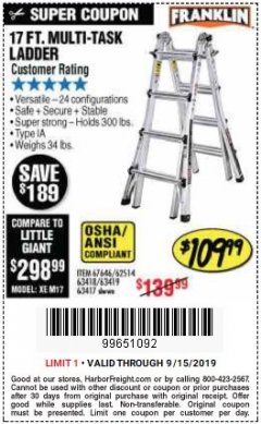 Harbor Freight Coupon 17 FOOT TYPE IA MUTI TASK LADDER Lot No. 67646/63418/63419/63417 Expired: 9/15/19 - $109.99