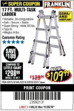 Harbor Freight Coupon 17 FOOT TYPE IA MUTI TASK LADDER Lot No. 67646/63418/63419/63417 Expired: 11/30/19 - $109.99