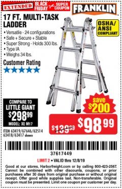 Harbor Freight Coupon 17 FOOT TYPE IA MUTI TASK LADDER Lot No. 67646/63418/63419/63417 Expired: 12/8/19 - $98.99