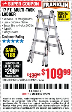 Harbor Freight Coupon 17 FOOT TYPE IA MUTI TASK LADDER Lot No. 67646/63418/63419/63417 Expired: 1/26/20 - $109.99