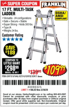 Harbor Freight Coupon 17 FOOT TYPE IA MUTI TASK LADDER Lot No. 67646/63418/63419/63417 Expired: 2/29/20 - $109.99