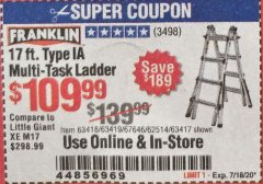 Harbor Freight Coupon 17 FOOT TYPE IA MUTI TASK LADDER Lot No. 67646/63418/63419/63417 Expired: 7/18/20 - $109