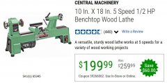 Harbor Freight Coupon 5 SPEED BENCH TOP WOOD LATHE Lot No. 65345 Expired: 6/30/20 - $199.99
