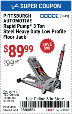 Harbor Freight Coupon RAPID PUMP 3 TON LOW PROFILE HEAVY DUTY STEEL FLOOR JACK Lot No. 64264/64266/64879/64881/61282/62326/61253 Expired: 6/30/20 - $89.99