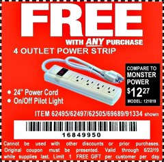 Harbor Freight FREE Coupon FOUR OUTLET POWER STRIP Lot No. 91334/69689/62495/62505/62497 Expired: 6/22/19 - FWP