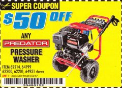 Harbor Freight Coupon ANY PREDATOR PRESSURE WASHER Lot No. 62214, 64119,62201, 64931, 62200 Expired: 6/30/19 - $0