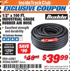 Harbor Freight ITC Coupon 1/2" X 100 FT. INDUSTRIAL GRADE RUBBER AIR HOSE Lot No. 62881/69477/62887 Expired: 10/31/19 - $39.99