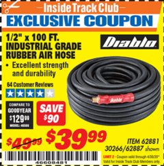 Harbor Freight ITC Coupon 1/2" X 100 FT. INDUSTRIAL GRADE RUBBER AIR HOSE Lot No. 62881/69477/62887 Expired: 4/30/20 - $39.99
