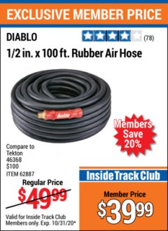 Harbor Freight ITC Coupon 1/2" X 100 FT. INDUSTRIAL GRADE RUBBER AIR HOSE Lot No. 62881/69477/62887 Expired: 10/31/20 - $39.99