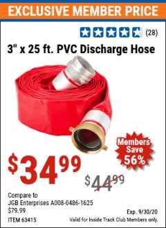 Harbor Freight ITC Coupon 3" X 25 FT. PVC DISCHARGE HOSE Lot No. 63415 Expired: 9/30/20 - $34.99