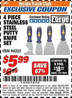 Harbor Freight ITC Coupon 4 PIECE STAINLESS STEEL PUTTY KNIFE SET Lot No. 94325 Expired: 7/31/18 - $5.99