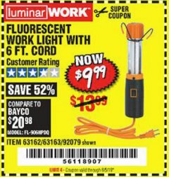Harbor Freight Coupon FLOURESCENT WORK LIGHT WITH 6 FT. CORD Lot No. 63162/63163/92079 Expired: 8/5/19 - $9.99
