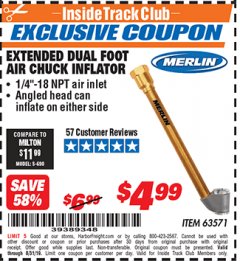Harbor Freight ITC Coupon EXTENDED DUAL FOOT AIR CHUCK INFLATOR Lot No. 63571 Expired: 8/31/19 - $4.99