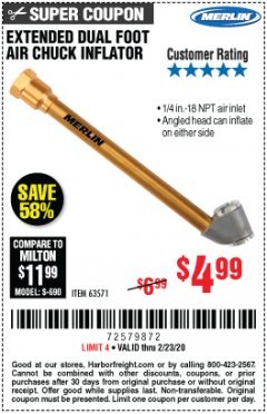 Harbor Freight Coupon EXTENDED DUAL FOOT AIR CHUCK INFLATOR Lot No. 63571 Expired: 2/23/20 - $4.99