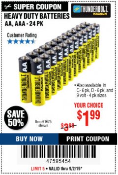Harbor Freight Coupon HEAVY DUTY BATTERIES Lot No. 61273/61275/61675/68383/61274 Expired: 9/2/19 - $1.99