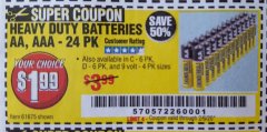 Harbor Freight Coupon HEAVY DUTY BATTERIES Lot No. 61273/61275/61675/68383/61274 Expired: 2/6/20 - $1.99