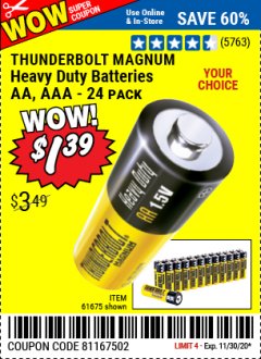 Harbor Freight Coupon HEAVY DUTY BATTERIES Lot No. 61273/61275/61675/68383/61274 Expired: 11/30/20 - $1.39