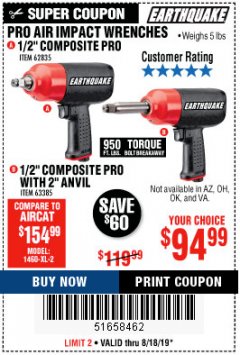 Harbor Freight Coupon PRO AIR IMPACT WRENCHES A 1/2" COMPOSITE PRO B 1/2" WITH 2" ANVIL Lot No. 62835/63385 Expired: 8/18/19 - $94.99