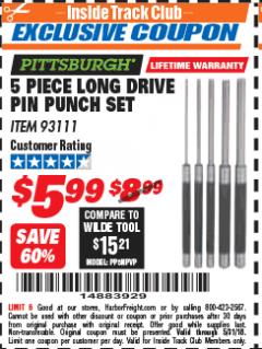 Harbor Freight ITC Coupon 5 PIECE LONG DRIVE PIN PUNCH SET Lot No. 93111 Expired: 5/31/18 - $5.99