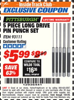 Harbor Freight ITC Coupon 5 PIECE LONG DRIVE PIN PUNCH SET Lot No. 93111 Expired: 7/31/18 - $5.99