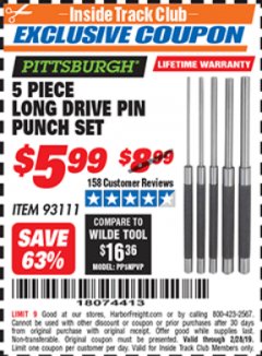 Harbor Freight ITC Coupon 5 PIECE LONG DRIVE PIN PUNCH SET Lot No. 93111 Expired: 2/28/19 - $5.99