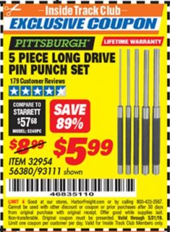 Harbor Freight ITC Coupon 5 PIECE LONG DRIVE PIN PUNCH SET Lot No. 93111 Expired: 5/31/19 - $5.99