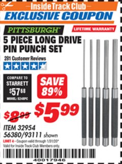 Harbor Freight ITC Coupon 5 PIECE LONG DRIVE PIN PUNCH SET Lot No. 93111 Expired: 1/31/20 - $5.99