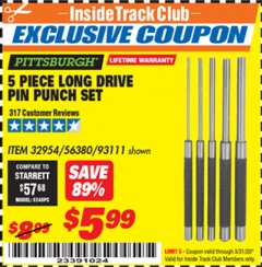 Harbor Freight ITC Coupon 5 PIECE LONG DRIVE PIN PUNCH SET Lot No. 93111 Expired: 3/31/20 - $5.99