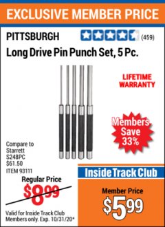 Harbor Freight ITC Coupon 5 PIECE LONG DRIVE PIN PUNCH SET Lot No. 93111 Expired: 10/31/20 - $5.99